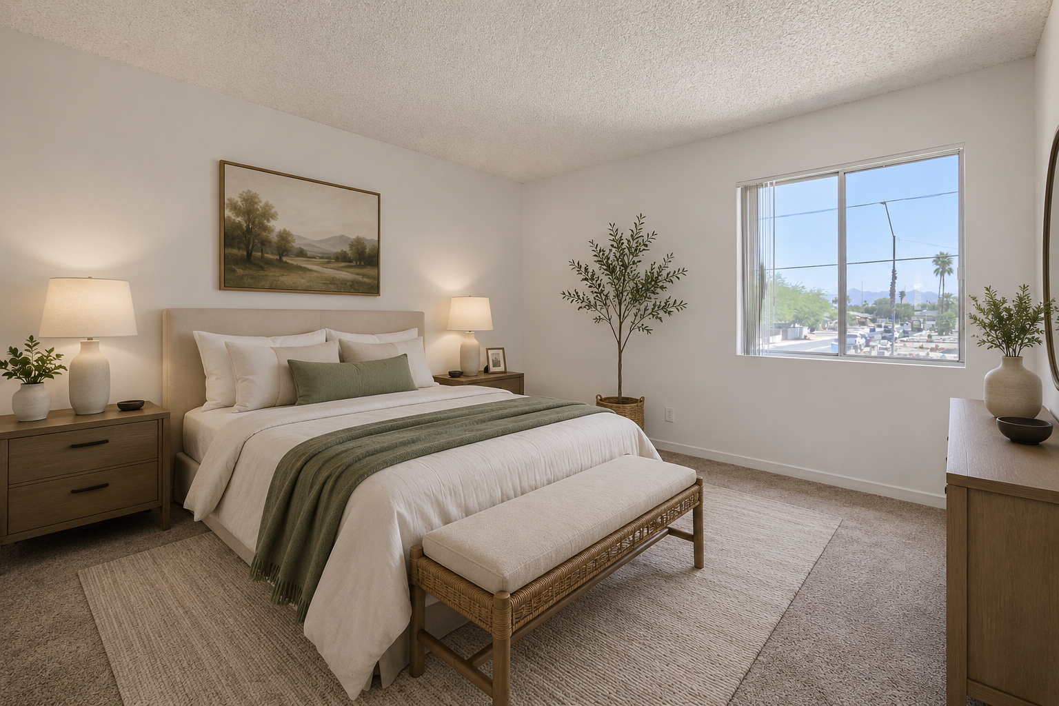Bedroom with bed and large window