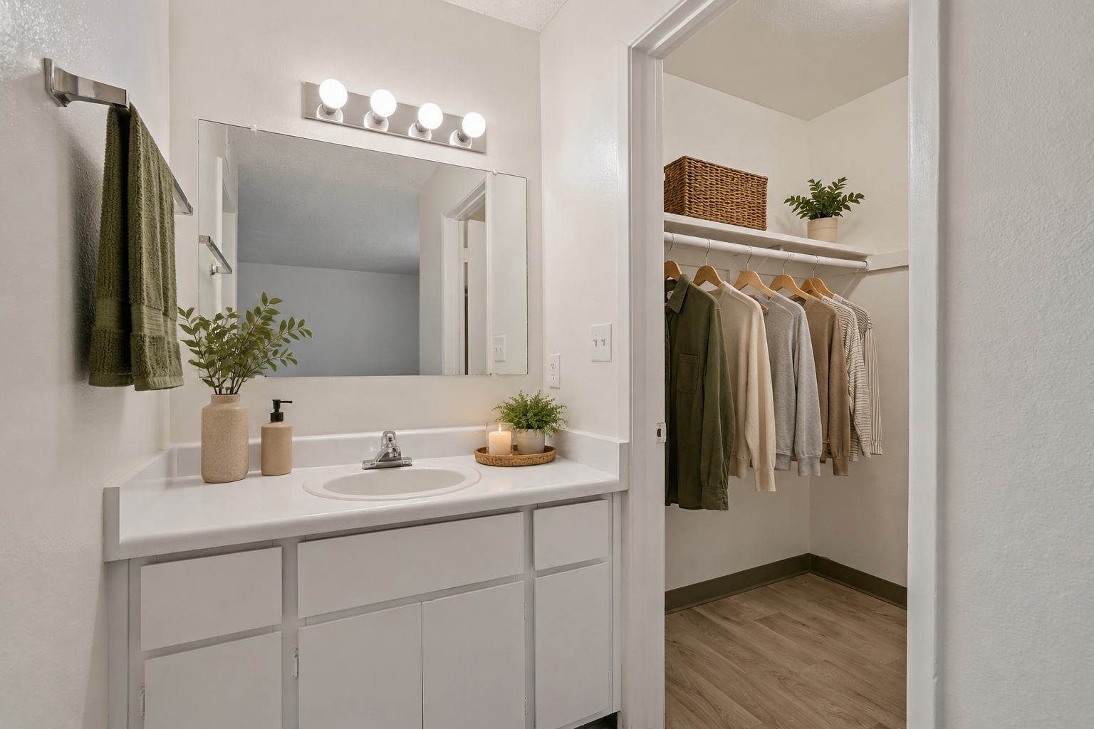 Vanity with mirror and view of walk in closet