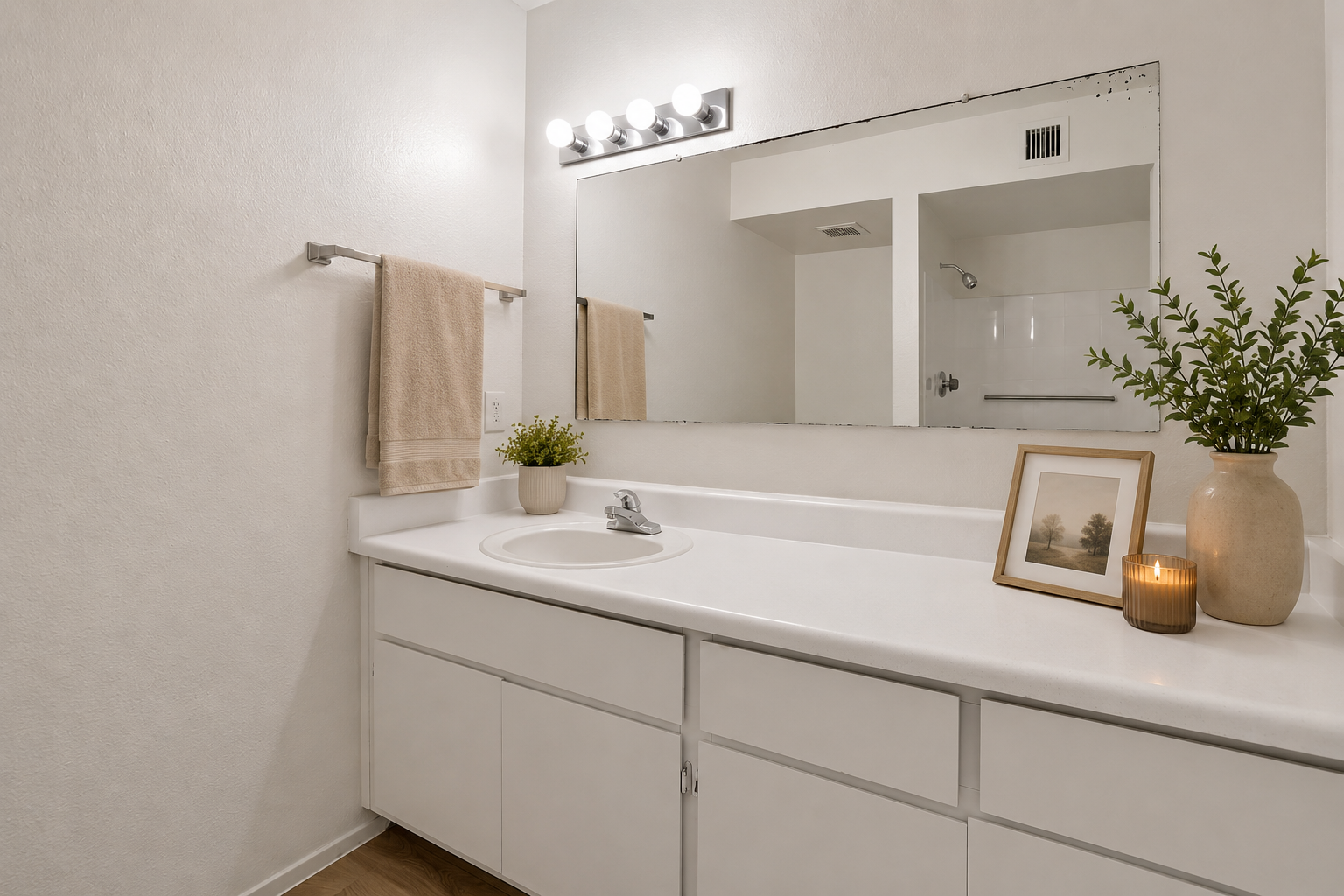 Bathroom with white cabinets and vanity