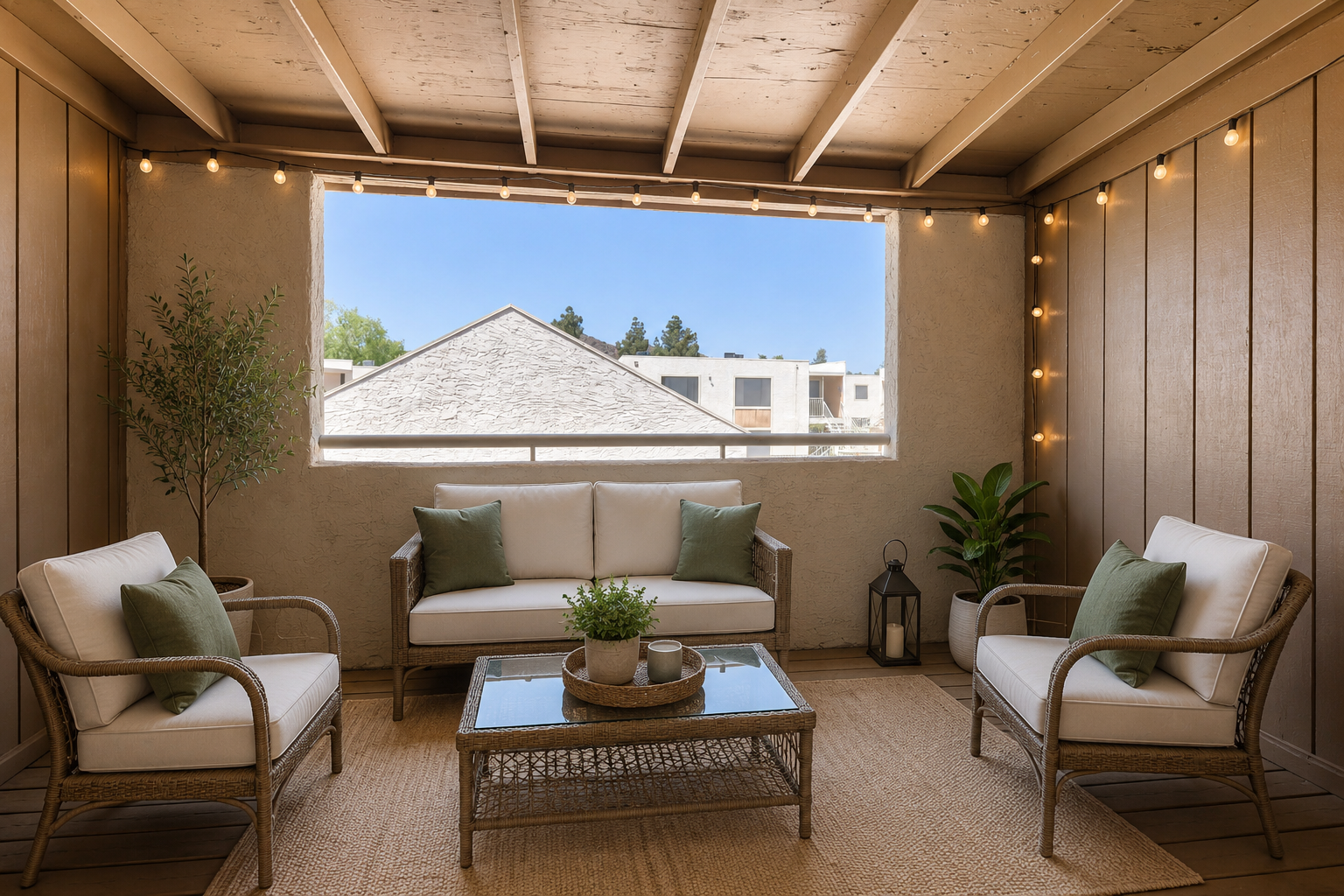 Patio balcony furnished with chairs and table
