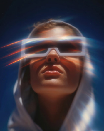 Person wearing white futuristic glasses and a hood, with light streaks and a blurred effect against a dark background.