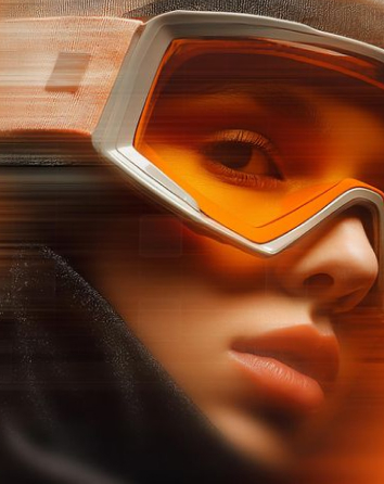 Close-up of a person wearing large orange-tinted ski goggles and a black hood.