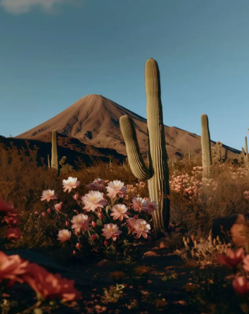 Desert landscape with blooming cacti and a mountain under a clear blue sky.