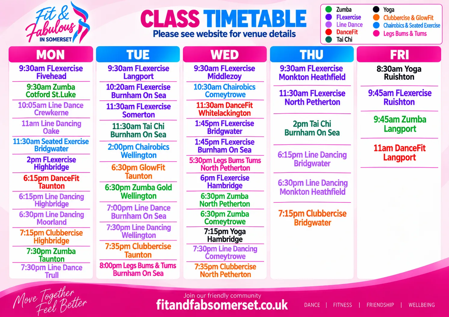 A weekly class schedule graphic titled "Fit & Fabulous IN SOMERSET" featuring a color-coded timetable of fitness classes across different days and locations.