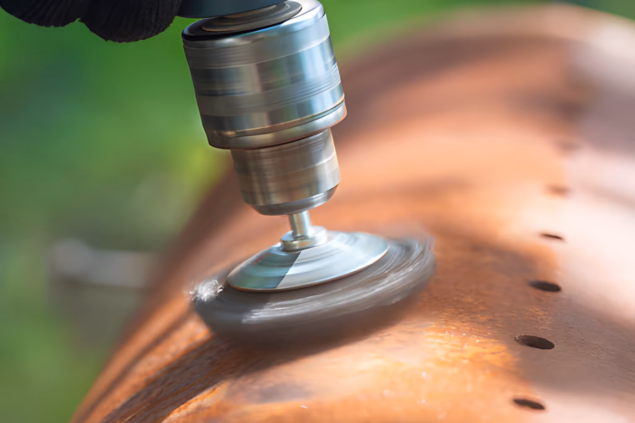 Electric tool with spinning brush removing rust from a metal surface with bolt holes.