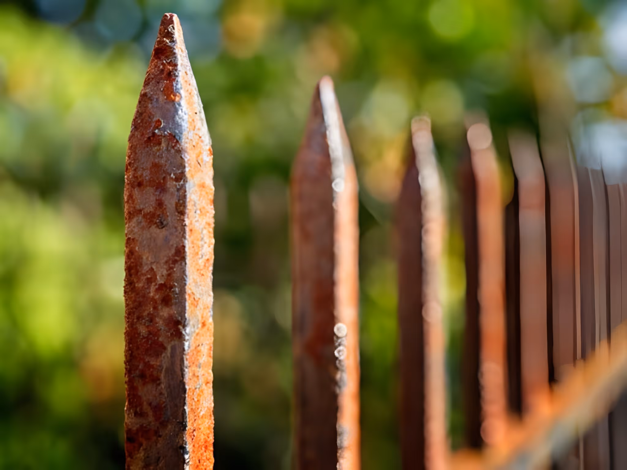 Close-up of rusted pointed metal fence spikes with a blurred green background.