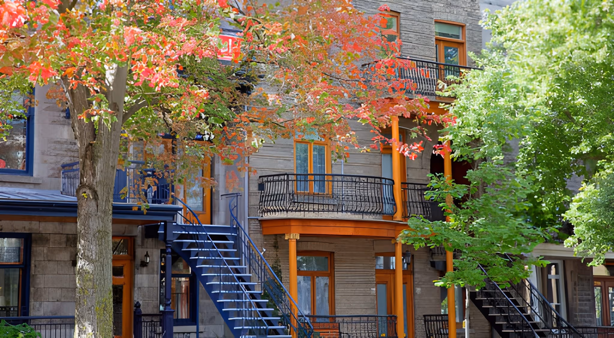 Montreal-style apartment building with exterior staircases and balconies, framed by trees with green and red leaves in autumn.