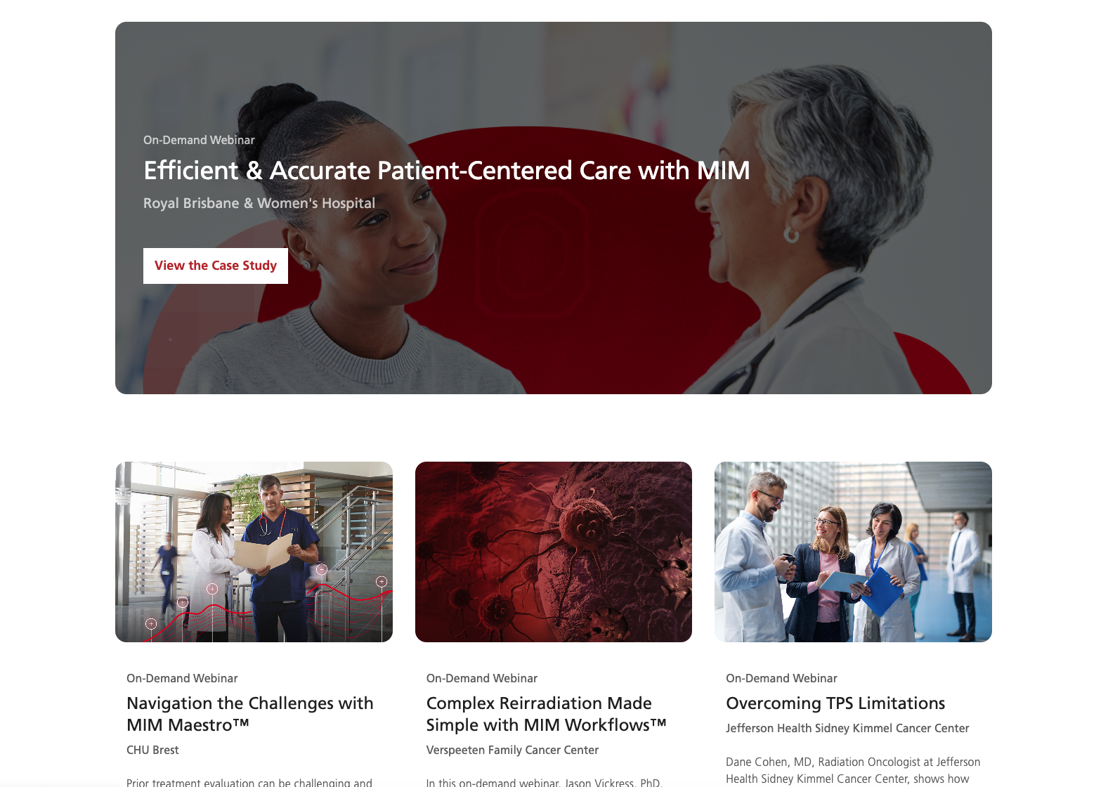 A screenshot of the case studies listing page on MIM Software's website.