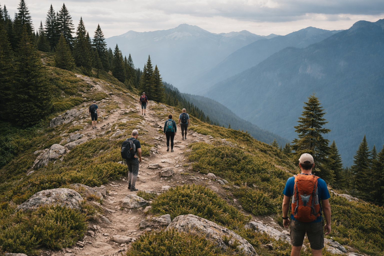 Group of hikers spread out across a trail not walking together