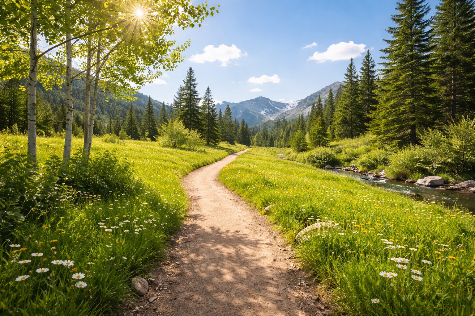 Trail path on a sunny day next to a stream
