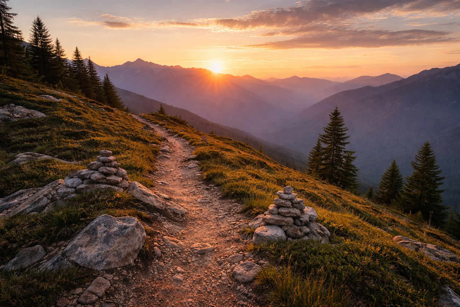 Sunset over mountain valley and winding trail
