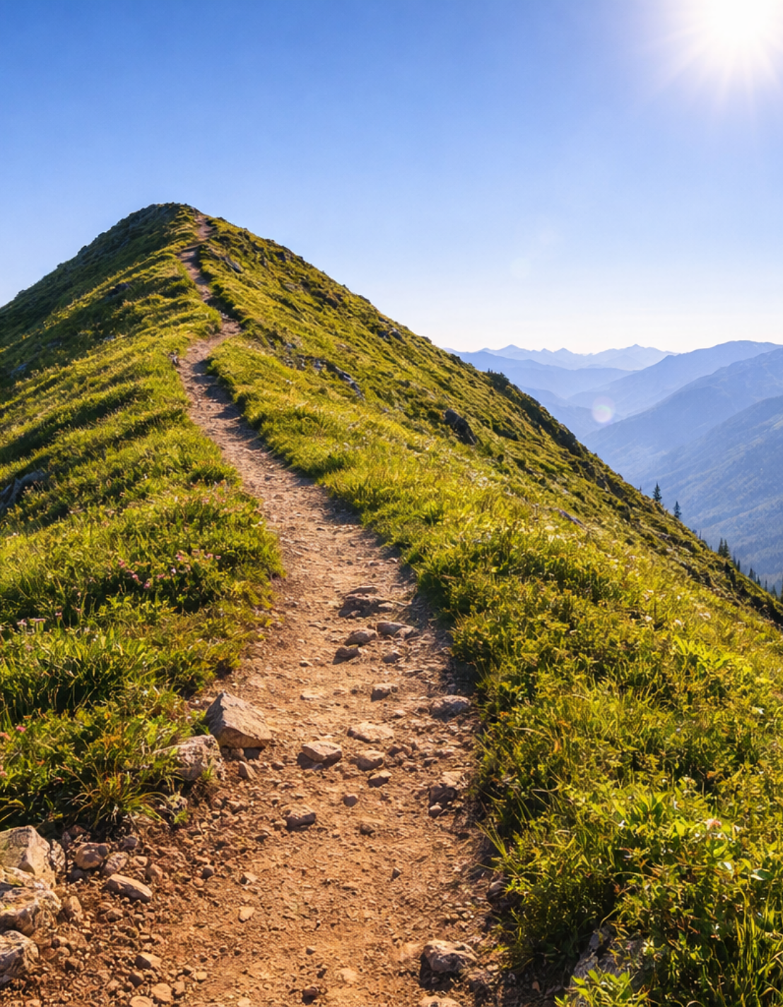 Halfway up a mountain trail path