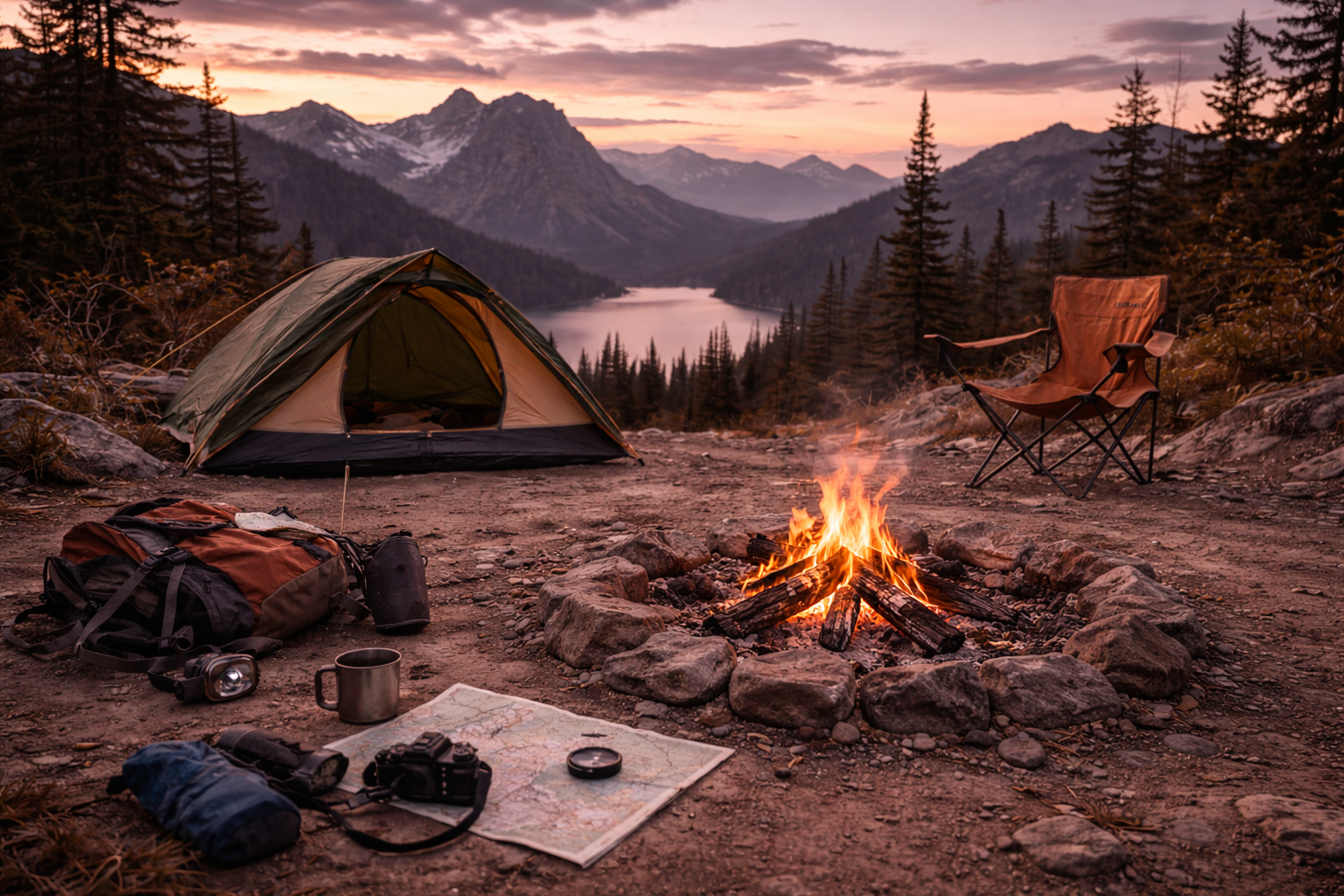 Campfire burning beside lake in mountain valley