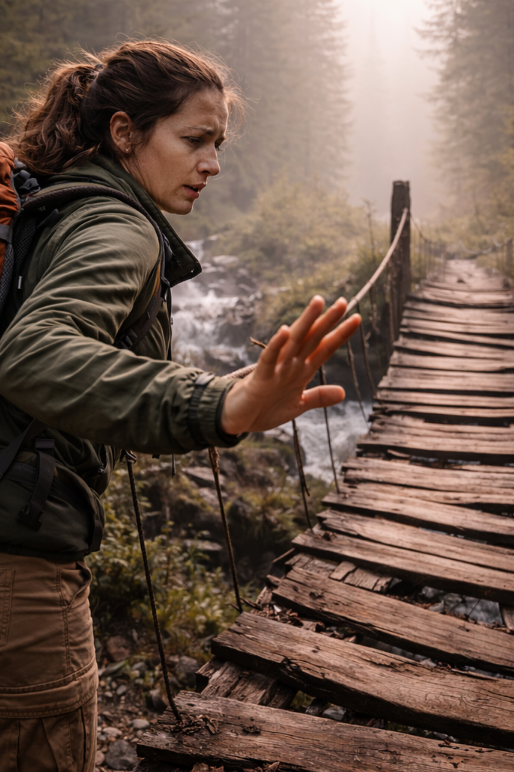 Hiker resting on wooden trail steps in mountain forest