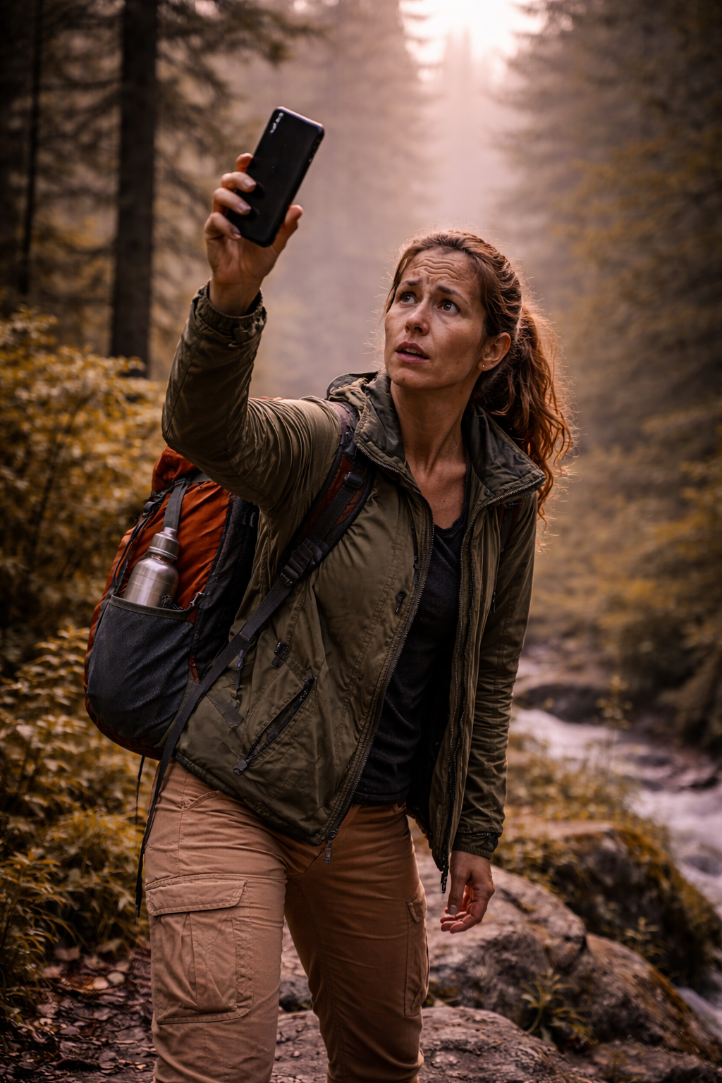 Hiker holding cell phone up looking for service