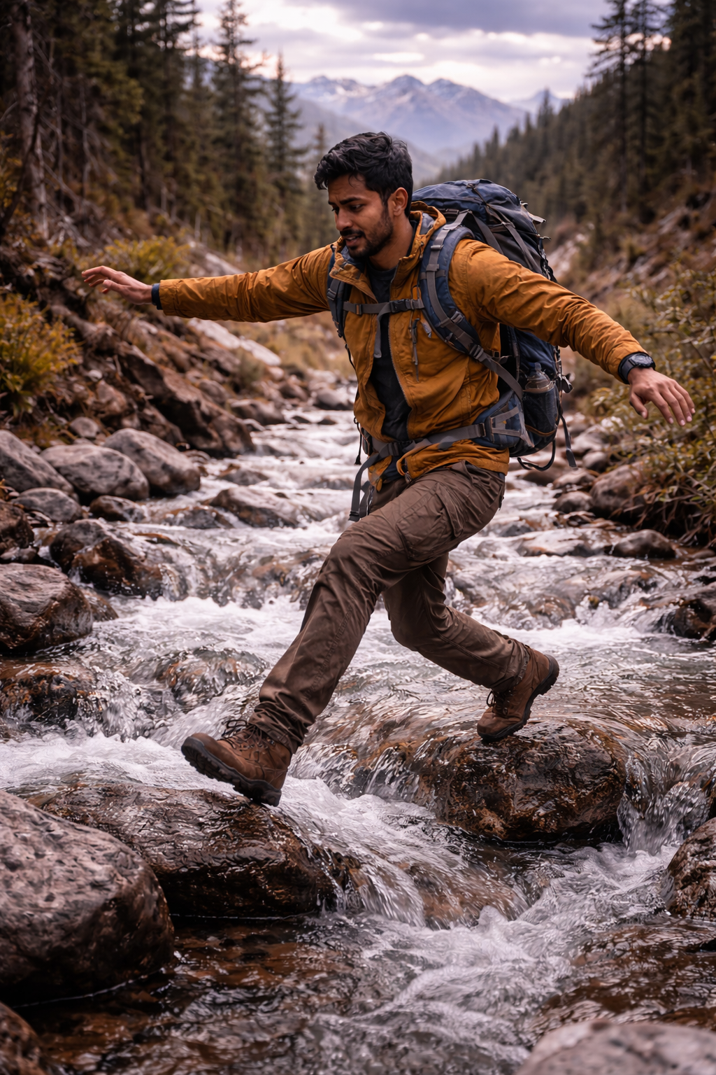 Hiker jumping across rocks in mountain stream during hike