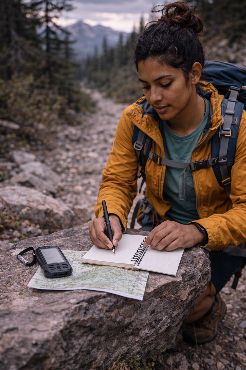 Hiker reading map while planning mountain route