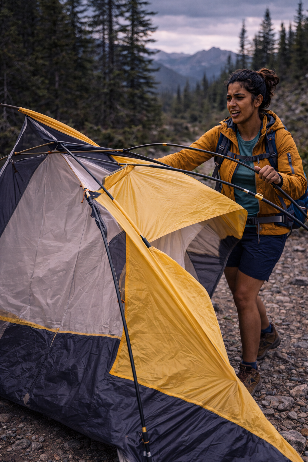 Yellow tent set up at mountain campsite