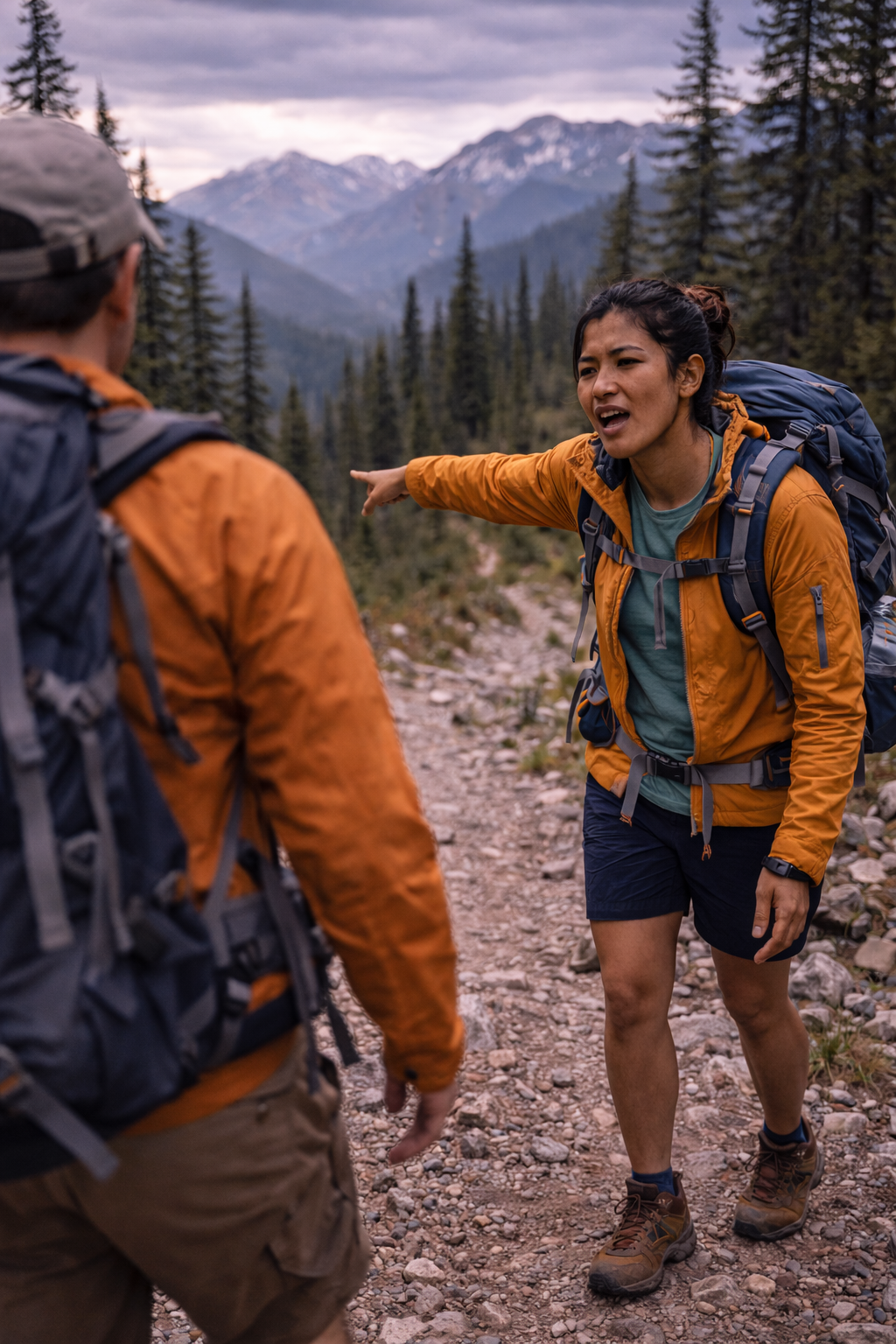 Hiker leading team along forest mountain trail