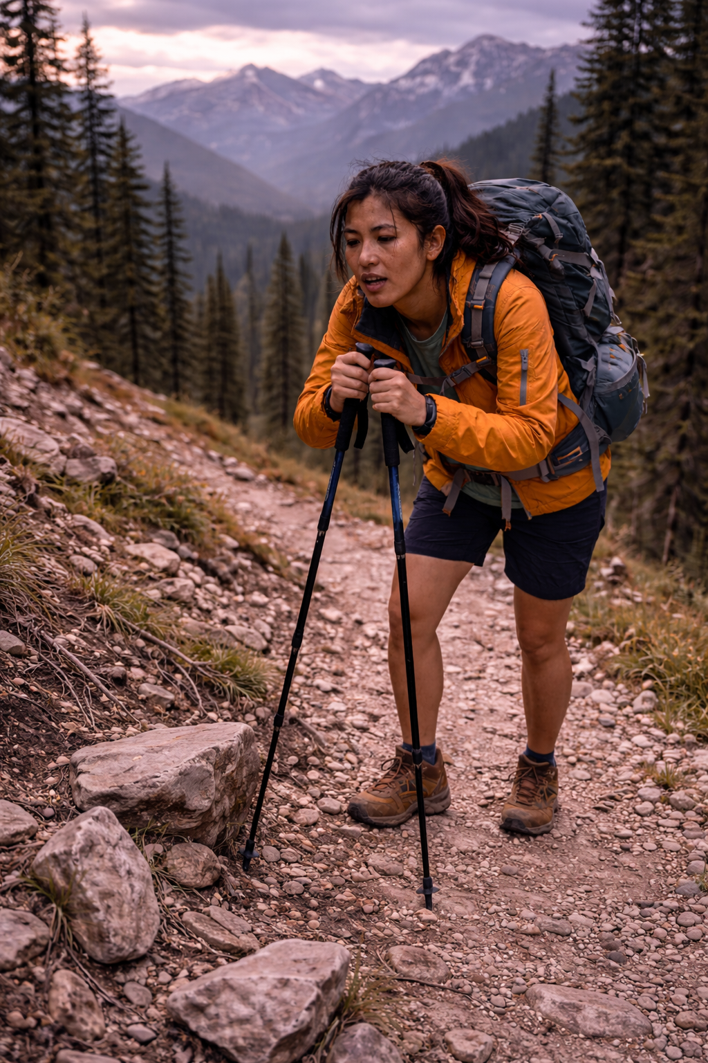 Hiker walking across rocky mountain trail