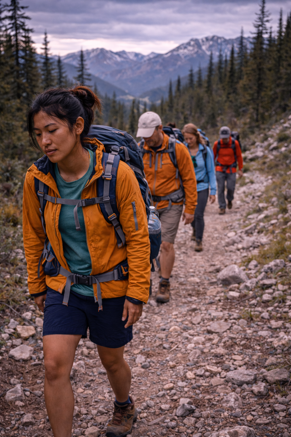 Hiker approaching group along mountain trail