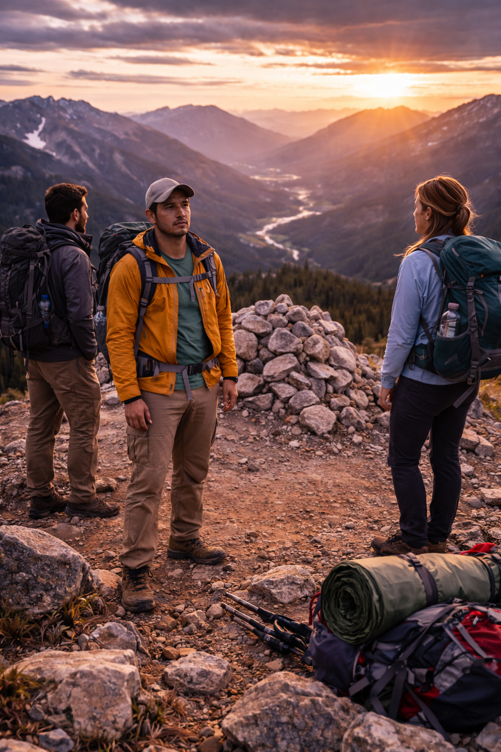 Hiker standing near campfire overlooking mountain landscape