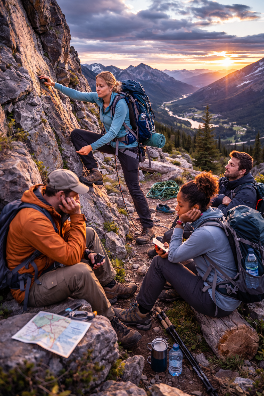 Team of hikers sitting at the bottom of a rock cliff not trying to climb