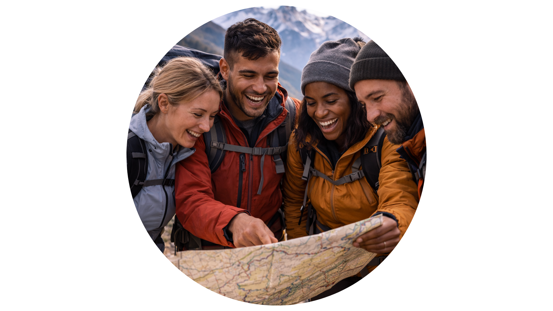 Team sitting together around mountain campfire