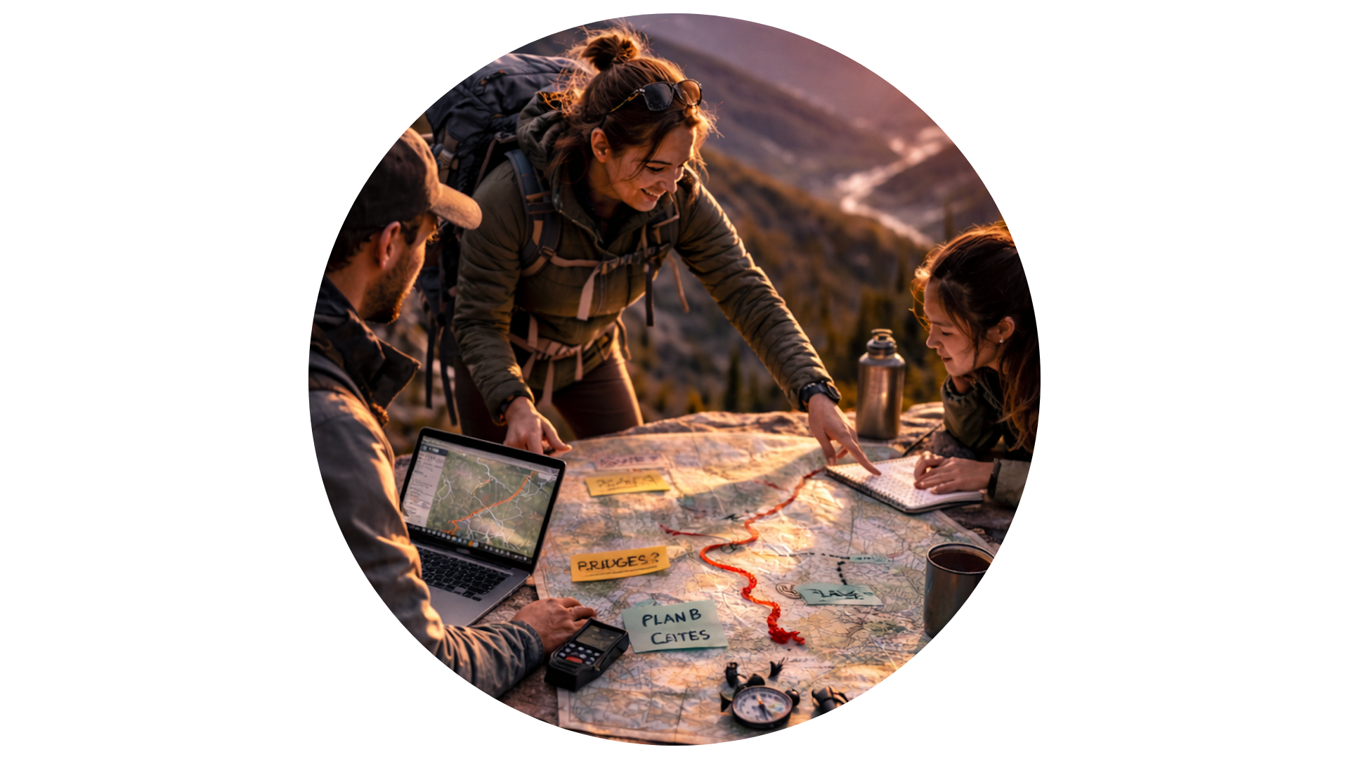 Team sharing coffee break around mountain trail map