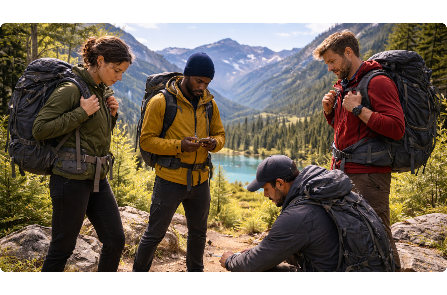Team of hikers walking together along scenic mountain path