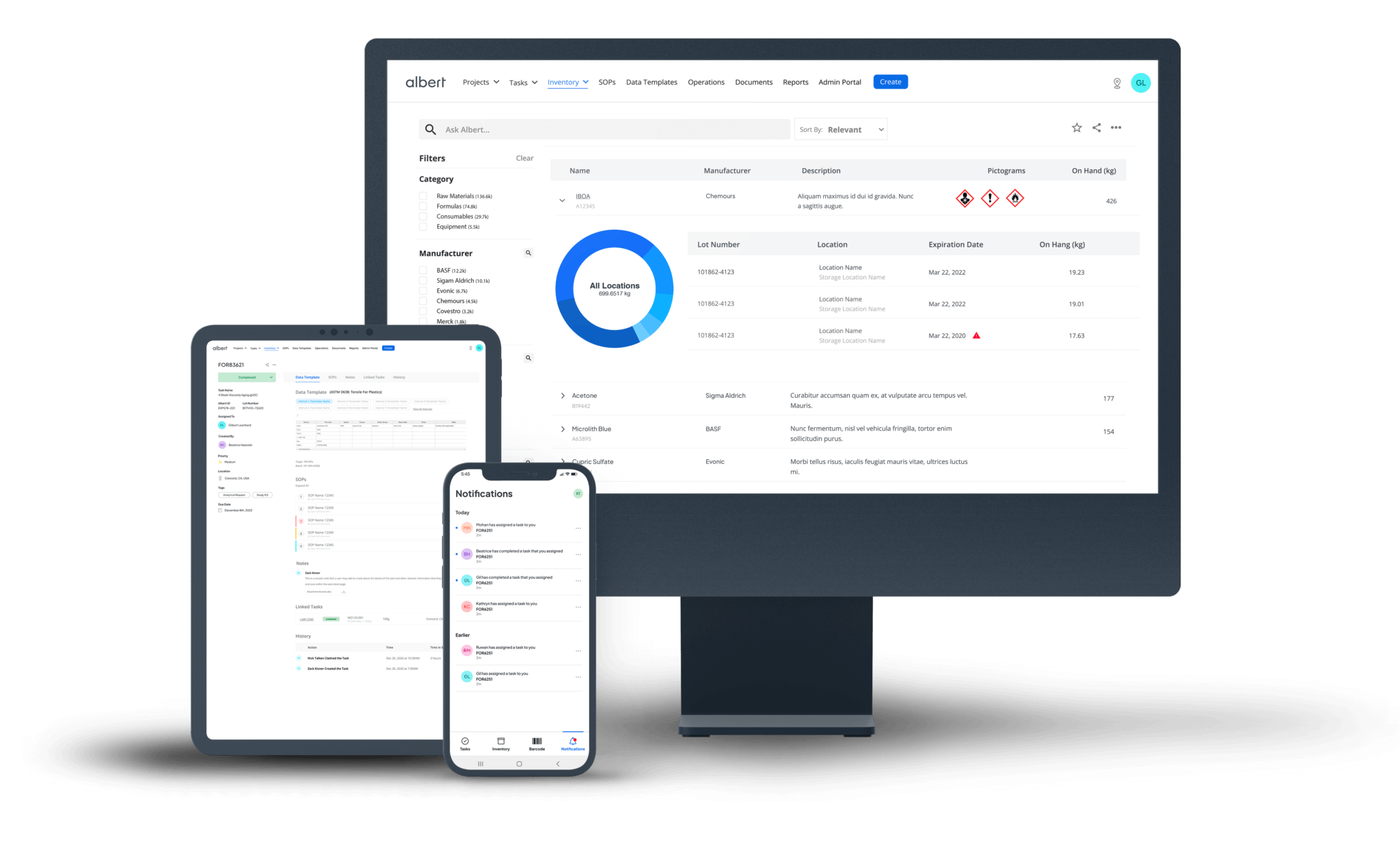 Graphic displaying the Albert Dashboard on the computer, tablet, and phone