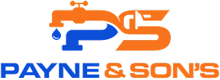 Logo of Payne & Son's with a water faucet forming the letters P and S in orange and blue.
