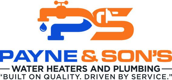 Logo for Payne & Son's Water Heaters and Plumbing, featuring an orange faucet and pipe forming the letters P and S, with the tagline 'Built on quality. Driven by service.'