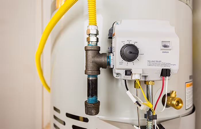 Close-up of a water heater gas control valve with attached yellow gas line and status panel.