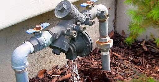 Outdoor backflow prevention device with water leaking from its bottom near a building wall surrounded by mulch and plants.