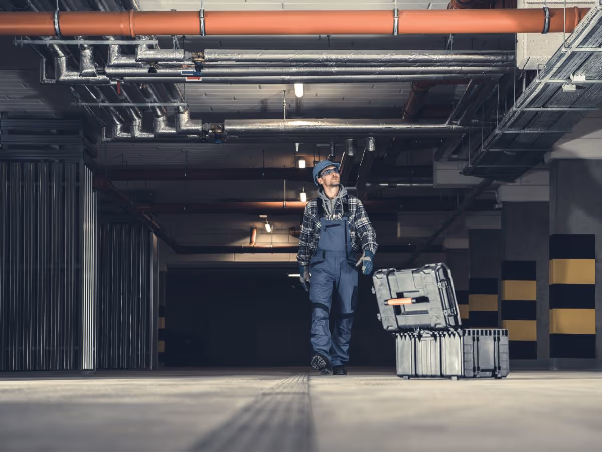 Worker in blue protective gear and helmet inspecting pipes in an industrial basement with toolboxes nearby.
