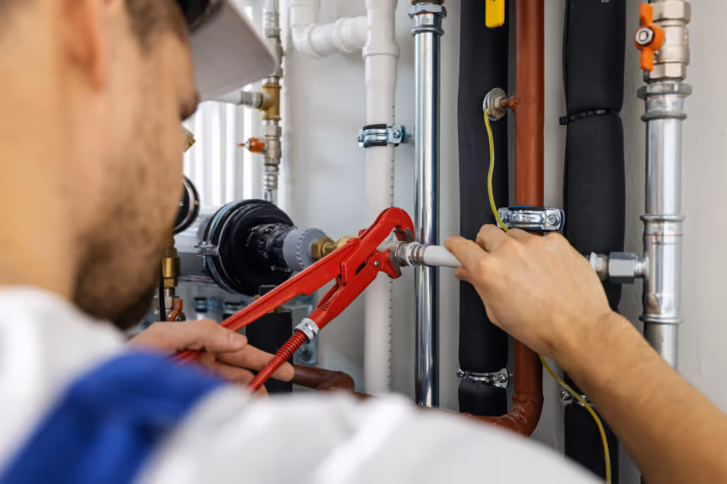 Plumber using red pipe wrench to tighten a pipe fitting among various exposed plumbing pipes.