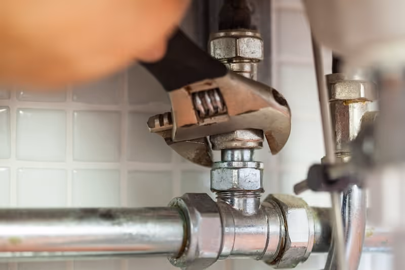 Adjustable wrench tightening a metal pipe fitting in a tiled wall setting.