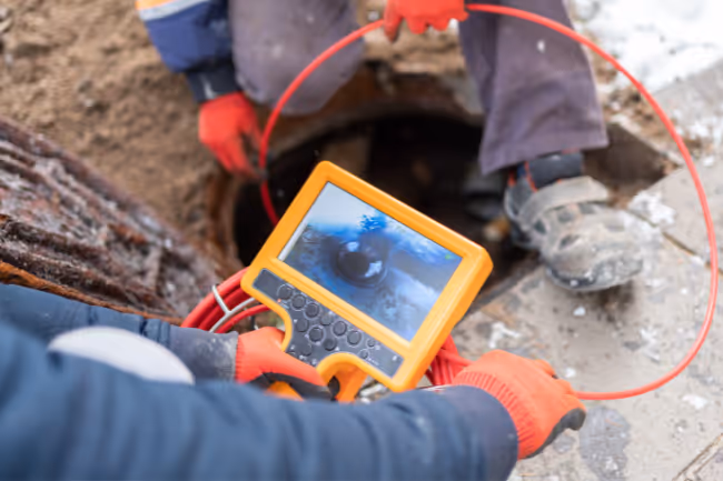 Worker using an inspection camera to view inside a sewer or drain.