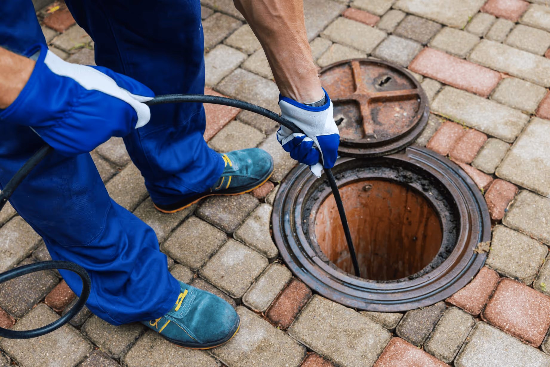 Worker wearing blue gloves and shoes inserting a cable into an open manhole on a paved surface.