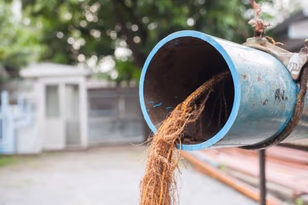 Long roots emerging from the end of a blue pipe outdoors with blurred background of greenery and buildings.