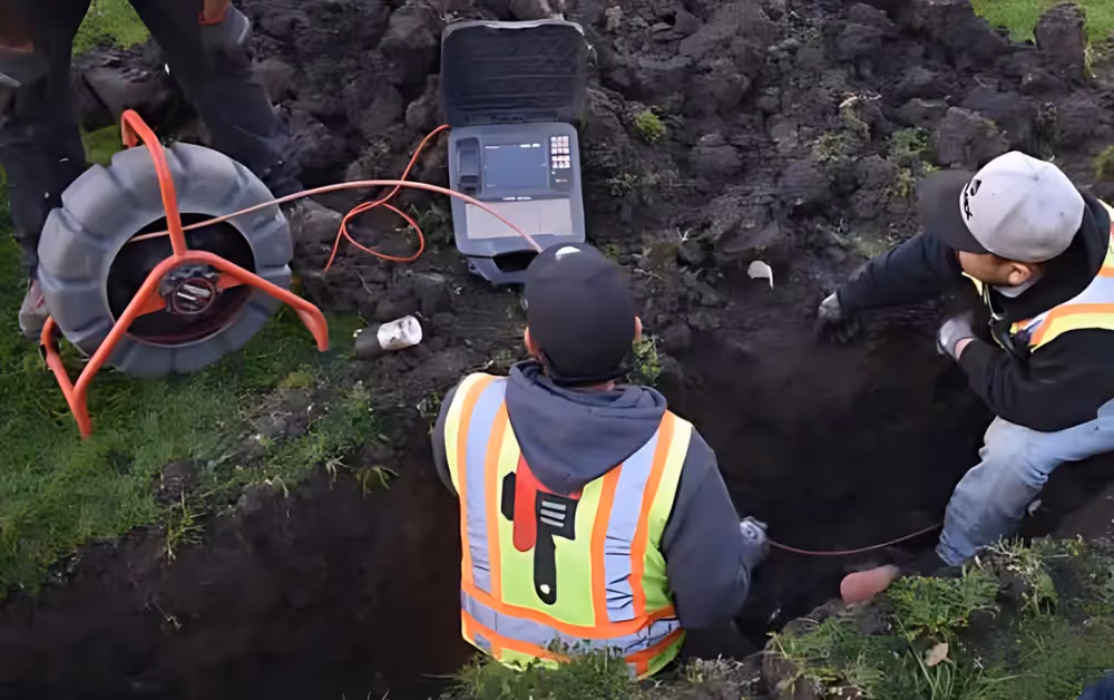 Two workers wearing safety vests using electronic equipment to inspect a deep trench in grassy soil.