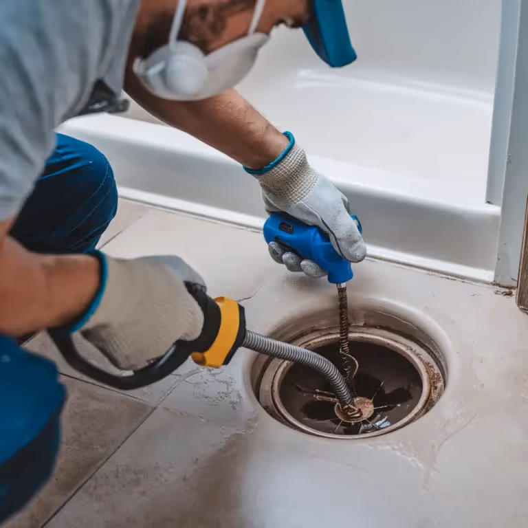 Plumber wearing gloves and a face mask using a drain snake tool to unclog a bathroom floor drain.