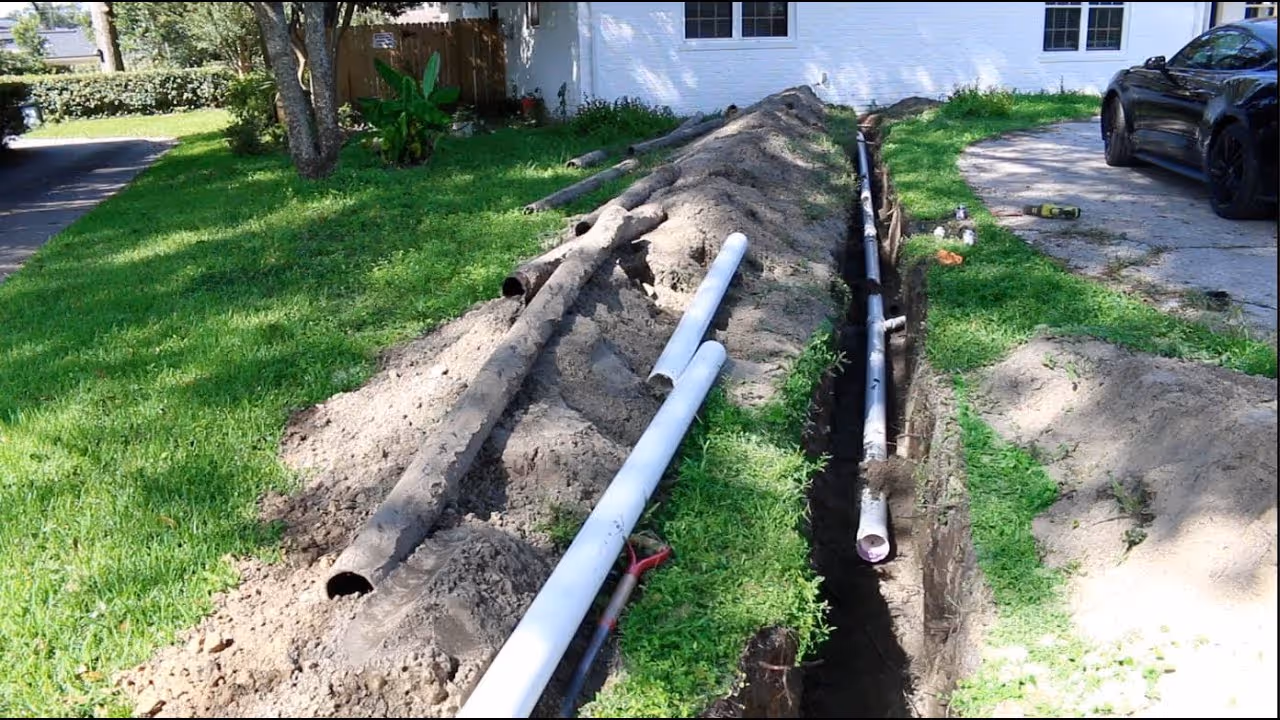 Excavated yard with dug trench containing white PVC pipes alongside black pipes near a residential driveway with a black car parked.