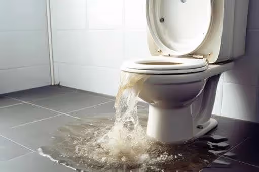Toilet overflowing with water flooding onto a bathroom floor with gray tiles and white tiled wall.