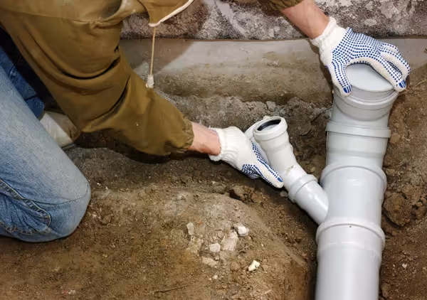 Person wearing gloves and working outdoors installing grey plastic drainage pipes in the ground.