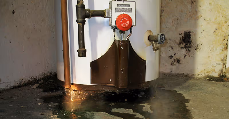 Water leaking from the bottom of a water heater causing a puddle on the floor.