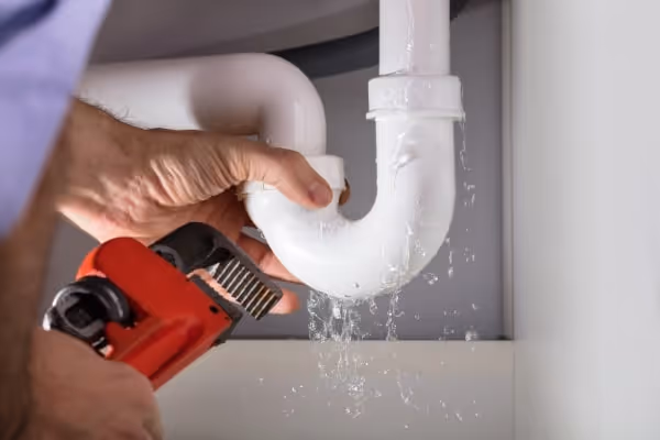 Person using a pipe wrench to fix a leaking white plumbing pipe under a sink with water dripping.