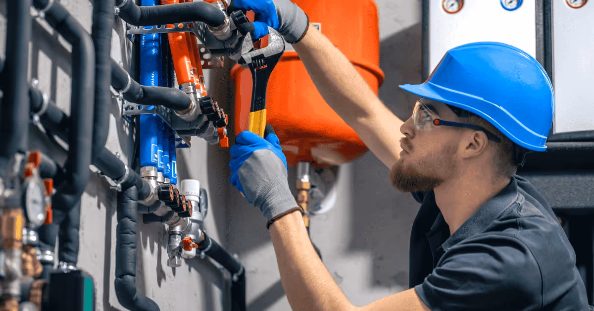 Plumber wearing blue hard hat and gloves using a wrench to adjust pipes and valves.