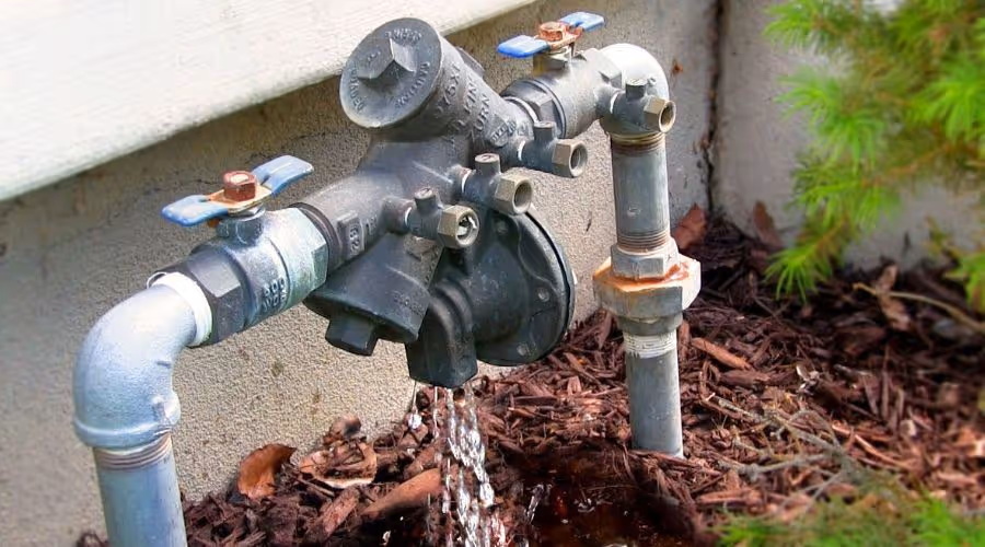 Outdoor metal irrigation timer attached to pipes with water flowing from it onto mulch.